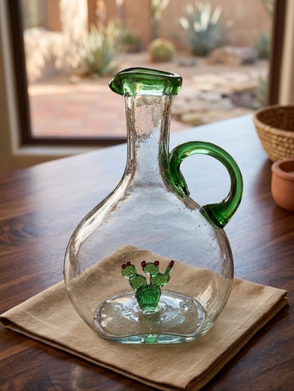 Vintage Mexican Hand-Blown Glass Decanter, Green Cactus Inside Tequila Pitcher